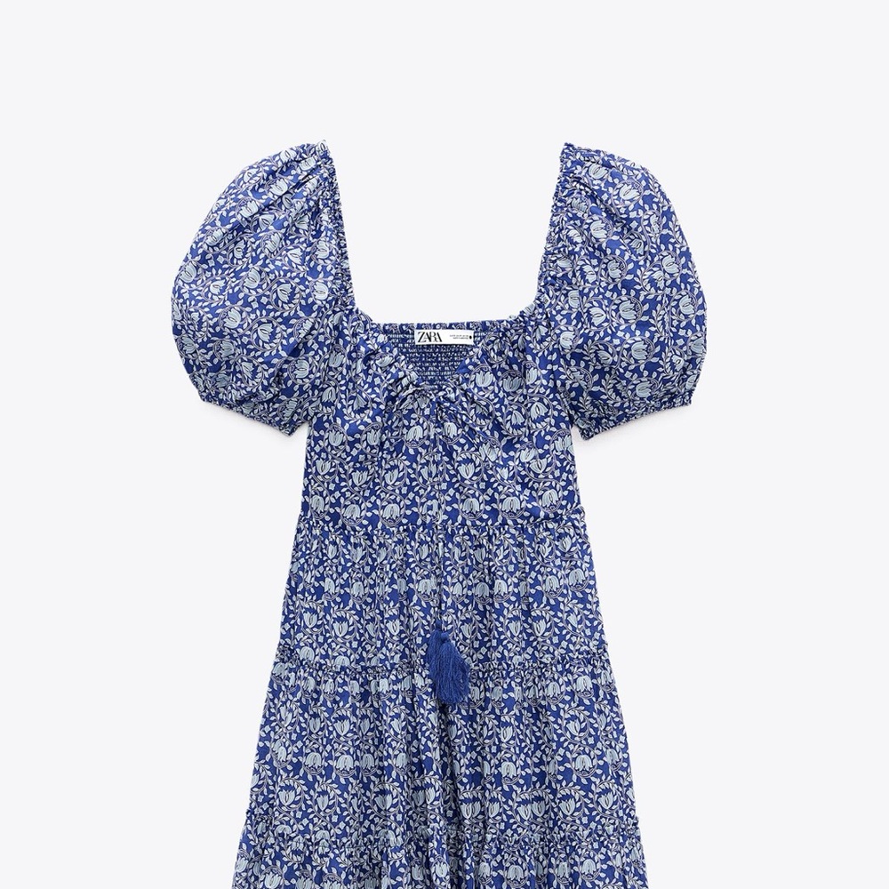 NEW Zara Navy Floral Puff Sleeve Mini Dress
